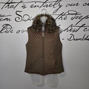 Haley Sport Lightweight Brown Quilted Vest, Detachable Faux Fur Collar, S